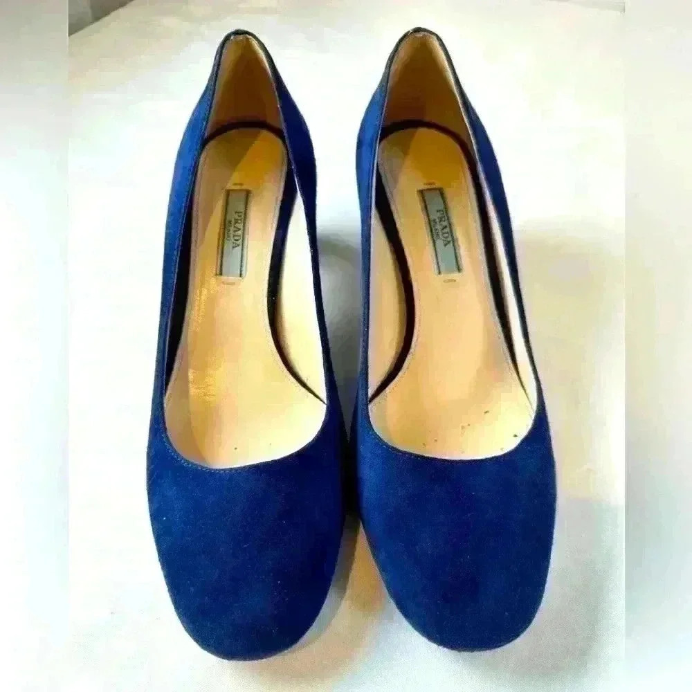 PRADA Calzature Donna Blue Suede Hexagon Heel Pumps, Size 38 - Picture 2 of 13